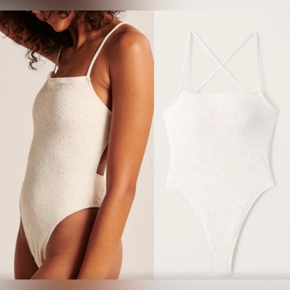Abercrombie & Fitch Strappy Open- Back Eyelet One Piece Swimsuit White | Sz XL - Picture 3 of 5